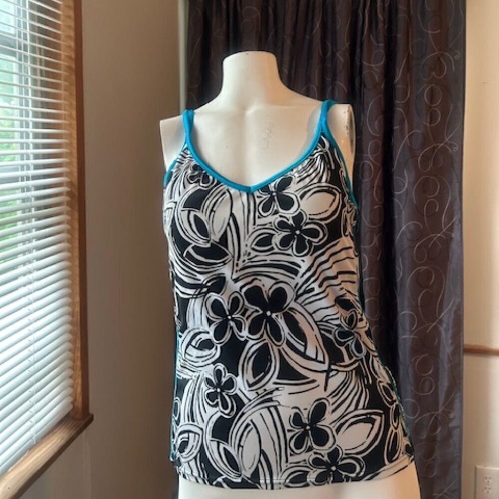 ZeroXPosur Floral Black/White/Turquoise swim Tankini, size 16